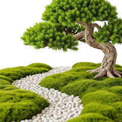 Bonsai tree with moss and white pebbles isolated on transparent background