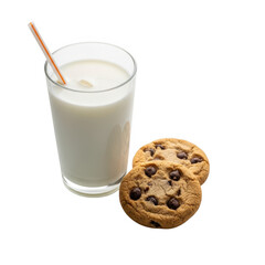 Glass of milk with straw and chocolate chip cookies isolated on transparent background