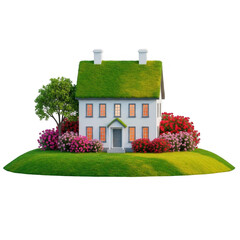 Cartoon house with green roof and flowers isolated on transparent background