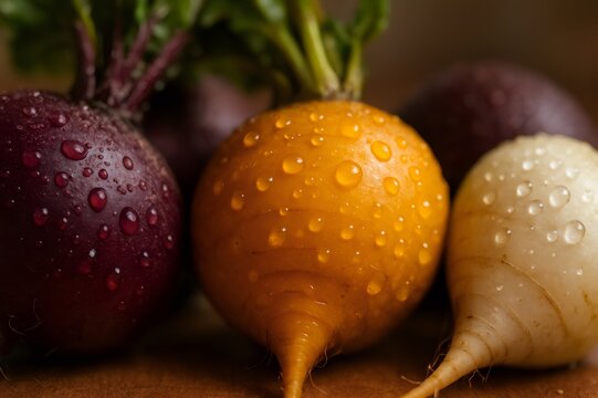 Fresh beets with water drops showing different colors - Powered by Adobe