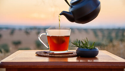 Cup of tea and coffee served on a wooden table with morning light and warm aroma