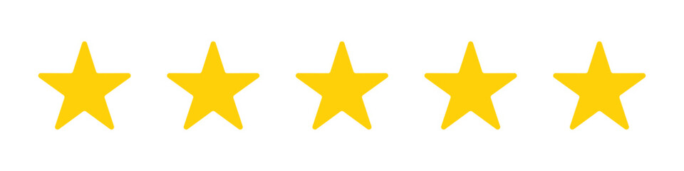 Five yellow stars in a row representing top rating, excellence, feedback, quality evaluation, customer review, satisfaction score, performance ranking, and positive reputation