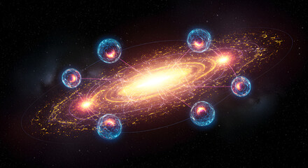 Cosmic Network: Interconnected Orbs in a Galaxy Illustration