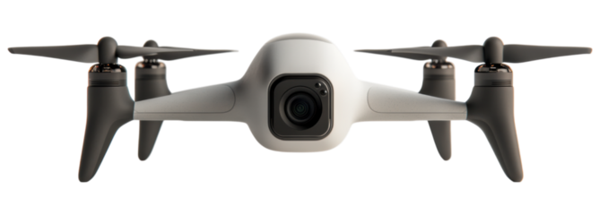 A sleek drone featuring a front-mounted camera and four propellers, designed for aerial photography and videography.