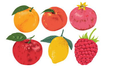 Naklejka na ściany i meble Fruit artwork for for t shirt and poster. Peach, Orange, apple, pomegranate, lemon, pear, passion fruit and raspberry graphic print. Mix fruit set design. Summer design.