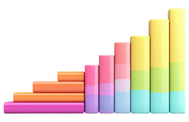 Colorful bars arranged in ascending order, representing data visualization with varying heights and shades.