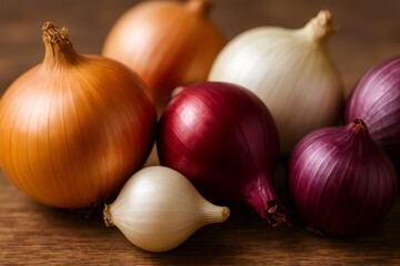 Fototapeta premium Several colorful onions resting on a wooden table
