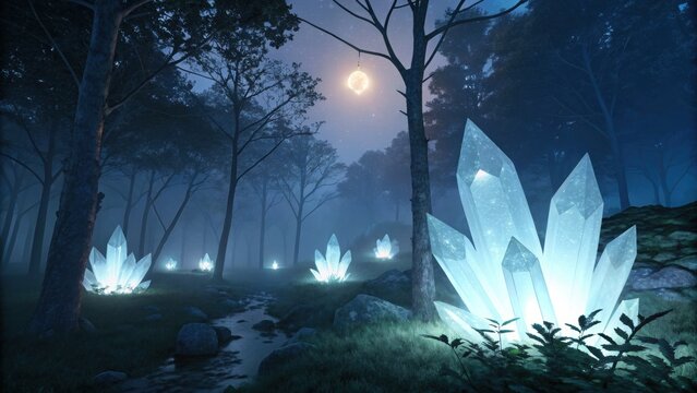 Enchanting forest scene with glowing crystals under a mystical moonlit sky for fantasy designs