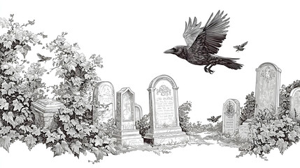 Grayscale Cemetery Scene With Flying Crow