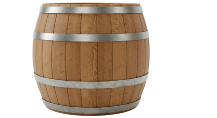 Isolated wooden barrel with metal hoops for wine aging and storage on white background studio shot on transparent background