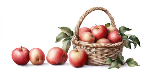 Basket with handle filled with apples, few apples lying beside it. Watercolor illustration on white background