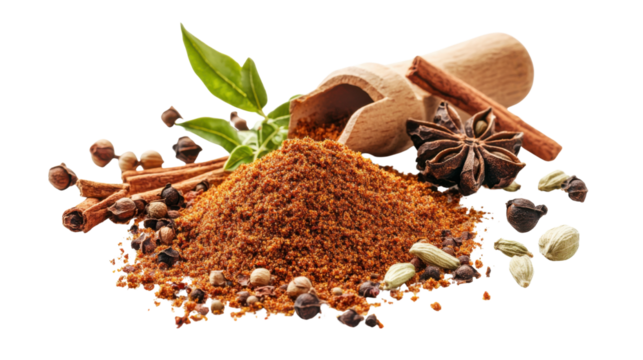 Garam masala ground flying, minced spice blend, isolated on white on  background 