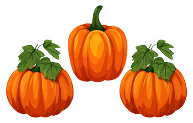 Obraz premium Three vibrant orange pumpkins with green leaves, showcasing their ribbed texture and rounded shape, perfect for autumn decorations or Halloween themes.