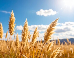Fototapeta premium Golden Pampas Grass Under Blue Sky with Clouds – Nature Background & Summer Scenery