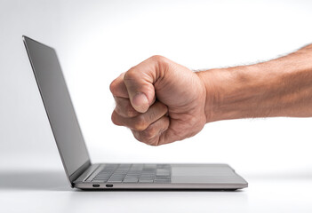 A fist slams down on a laptop keyboard, symbolizing anger and frustration