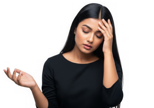 Woman with hand on forehead looking stressed isolated on transparent background