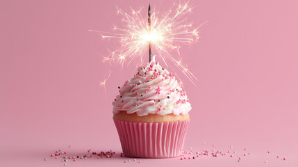 Charming birthday scene featuring a cupcake with sparkler, styled on a pink surface to create a joyful and playful visual.

