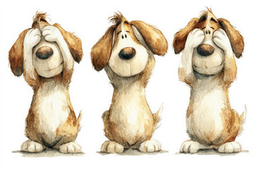 Whimsical watercolor illustration of three dogs with floppy ears covering eyes, ears, and mouth. Rendered in gentle tones on a clean white background, evoking innocence and humor.