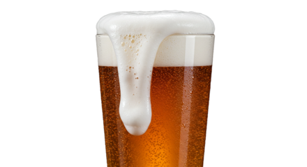 Refreshing craft beer overflowing with foam in glass on dark background close up shot for advertising on transparent background