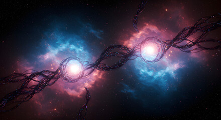 Cosmic Energy Connection: Two Glowing Orbs Intertwined in a Nebula Landscape