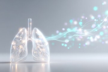 Anatomical Marvel: A translucent, radiant rendition of human lungs, adorned with an artistic flow of light and particles, illustrating the very essence of breath and life.
