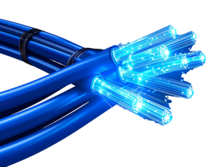 Futuristic Fiber Optic Cable Illustration with Glowing Blue Light Beams, PNG Format