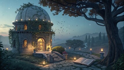 Step into a world of enchanting fantasy with this beautiful stone observatory at night under the stars