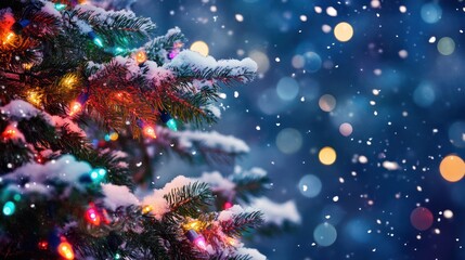 A Snow-Covered Christmas Tree Glows with Festive Lights