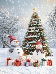 Obraz premium Photo of Snowmen and a Christmas Tree Surrounded by Presents in a Winter Wonderland Scene