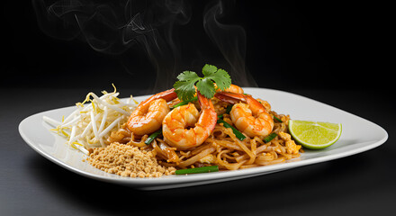 Pad Thai Goong Stir-Fried Rice Noodles with Shrimp, Peanuts, Bean Sprouts, and Lime on White Plate over Black Background