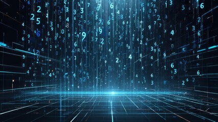 Digital numbers rain on a dark, futuristic floor