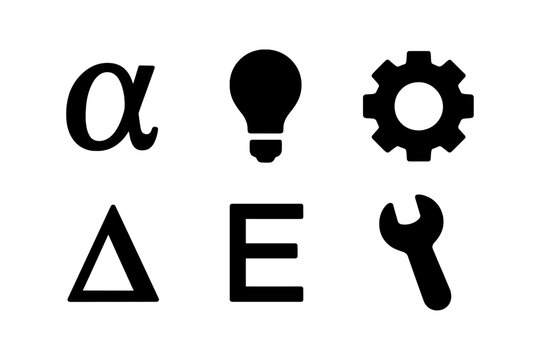 Minimalist symbols collection: greek letters, light bulb, gear, and wrench