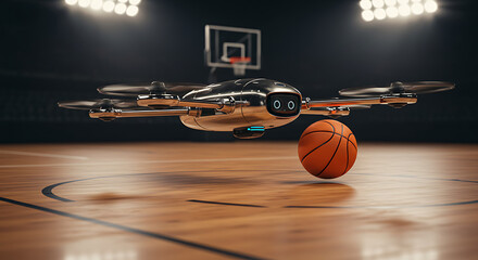 Advanced robotic drone hovers over a basketball on a professional court, showcasing the integration of AI and technology in future sports.