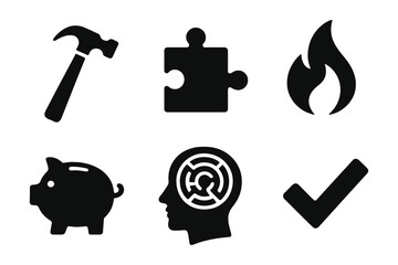 Set of simple silhouette icons: hammer, puzzle piece, flame, piggy bank, human head, checkmark