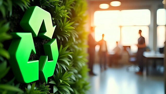 A green recycle symbol on living wall in modern office background shows team meeting, eco-friendly company culture and waste management practices promoting sustainability concept