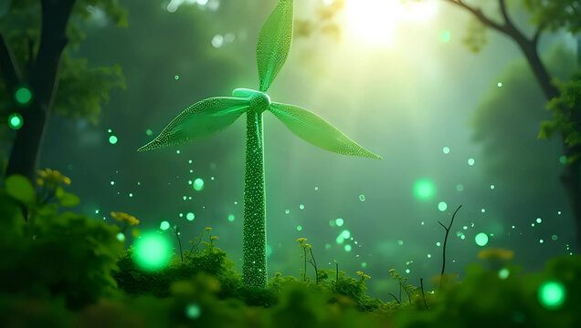 A glowing green wind turbine sprouting from lush foliage with sparkling light particles in misty forest background, eco-friendly energy, renewable power, and sustainable technology concept 