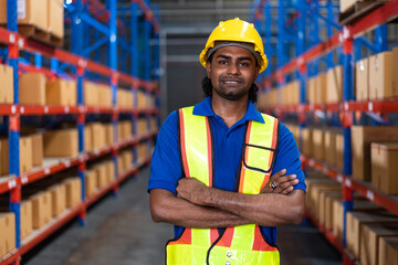 Smiling Indian warehouse worker with arms crossed in safety gear. Represents dedicated logistics...