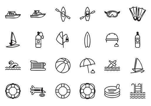 Summer vacation and water sports line icons vector set representing a variety of recreational activities and equipment for aquatic adventures and relaxation at the beach