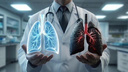 Doctor displaying healthy and unhealthy lungs