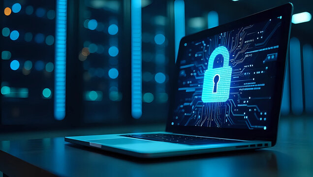 Laptop displaying a digital padlock on circuit board, dimly lit server room background - cybersecurity, data protection, and online privacy concept