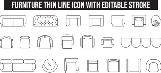 Furniture line icon set, chair, floor plan icon set, interior design, architectural element, top view, layout, editable stroke, vector, illustration