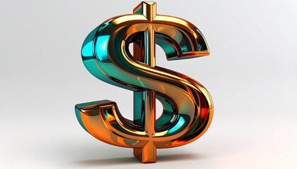 Symbolic digital finance—three-dimensional metallic dollar sign in vibrant blue, green, orange, and red gradient. Set against a neutral background, the form radiates modernity, economic identity, and 