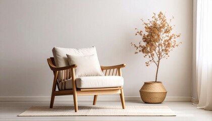 Symbolic domestic calm—neutral-toned interior with wooden armchair, layered light cushions, and woven textures. Accompanying stool and potted plants evoke warmth, simplicity, and nature-centered comfo