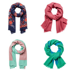 Bright scarf. Colorful scarves displayed in a flatlay with floral and geometric patterns. Isolated set on transparent background  