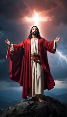 Fototapeta premium Jesus christ stands with arms outstretched in a dramatic storm with divine light above