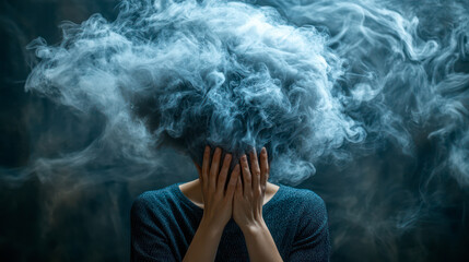 Woman with her head in toxic smoke