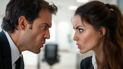 Male boss and female employee arguing over something in office