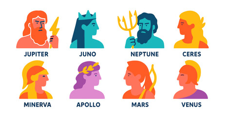 Greek and roman gods in vibrant flat design style with bold colors