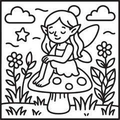 Fantasy Cozy Retreat – Bold Line Art Coloring Page with Magical Elements