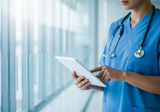 Healthcare professional wearing blue scrubs and stethoscope uses a tablet computer in a modern medical facility